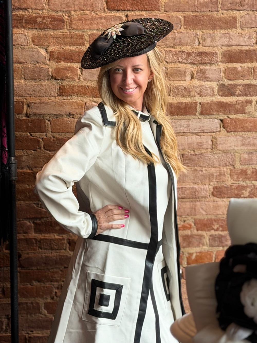 Classic Contrast-Trim Women’s Coat in Ivory and Black. Sleeveless Dress combo.